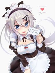 Rule 34 | 1girl, 9a-91 (girls&#039; frontline), absurdres, alternate costume, apron, black ribbon, blue eyes, blush, breasts, card, corset, detached collar, dress, frills, gen (gen m gen), girls&#039; frontline, hair between eyes, hair ornament, hairclip, heart, heart-shaped pupils, highres, holding, holding card, jewelry, long hair, looking at viewer, maid, maid headdress, medium breasts, nail polish, open mouth, pink nails, ribbon, ring, shaded face, silver hair, simple background, smile, solo, spoken heart, symbol-shaped pupils, teeth, translation request, upper teeth only, very long hair, wedding band, yandere