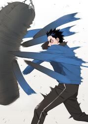 Rule 34 | 1boy, black eyes, black hair, black pants, blue gloves, blue sweater, gloves, pants, punching, short hair, simple background, solo, sweater, the boxer, white background, yuto takeda