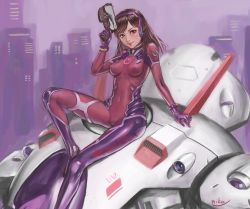 Rule 34 | 1girl, absurdres, alternate color, animal print, arm support, armor, bodysuit, boots, breasts, brown eyes, brown hair, building, clothes writing, covered navel, d.va (overwatch), facepaint, facial mark, gloves, gun, handgun, headphones, highres, holding, holding gun, holding weapon, lips, lipstick, long hair, looking at viewer, makeup, mecha, meka (overwatch), murasaki-sin, overwatch, overwatch 1, pilot suit, purple bodysuit, purple footwear, purple gloves, rabbit, rabbit print, robot, sitting, skin tight, small breasts, solo, swept bangs, thigh boots, thighhighs, toy block, weapon, whisker markings