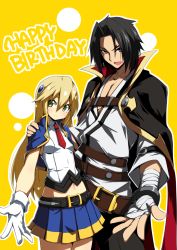 Rule 34 | 1boy, 1girl, :d, bandages, belt, black hair, blazblue, blazblue: chronophantasma, blonde hair, blue skirt, cape, capelet, cowboy shot, forked eyebrows, gloves, green eyes, happy birthday, kagura mutsuki, kaname nagi, long hair, looking at viewer, necktie, noel vermillion, open mouth, outstretched hand, parted bangs, pleated skirt, red eyes, red necktie, shirt, skirt, sleeveless, sleeveless shirt, smile, white gloves, white shirt, yellow background