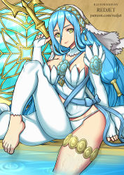 Rule 34 | 1girl, absurdres, asymmetrical bangs, azura (fire emblem), barefoot, blue hair, breasts, dress, elbow gloves, fingerless gloves, fire emblem, gloves, hair between eyes, highres, holding, holding lance, holding polearm, holding weapon, jewelry, lance, long hair, looking at viewer, nintendo, polearm, redjet, smile, solo, very long hair, water, weapon, wet, yellow eyes