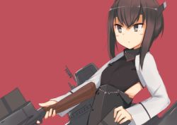 Rule 34 | 10s, 1girl, absurdres, anchor, armor, bad id, bad pixiv id, blush, bow (weapon), brown hair, crossbow, green eyes, gun, hair between eyes, headband, headgear, highres, holding, holding crossbow, holding weapon, kantai collection, long hair, long sleeves, machinery, open mouth, parted lips, red background, seedflare, sidelocks, simple background, solo, taihou (kancolle), upper body, weapon