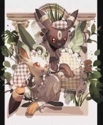 Rule 34 | checkered clothes, checkered headwear, checkered skirt, clothed pokemon, creatures (company), game freak, gen 2 pokemon, gen 4 pokemon, hat, highres, leaf, leafeon, nintendo, no humans, open mouth, plant, pokemon, pokemon (creature), reo (mmocc123), shirt, skirt, umbreon