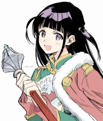 Rule 34 | 1girl, :d, asa (asa 410st), black hair, blunt bangs, blush, commentary, fur-trimmed jacket, fur trim, green jacket, hands up, holding, holding weapon, jacket, jacket on shoulders, long hair, long sleeves, looking at viewer, mace, open mouth, purple eyes, red jacket, red sash, sash, shoujo kageki revue starlight, sidelocks, simple background, sketch, smile, solo, tsuyuzaki mahiru, twitter username, two-handed, two side up, upper body, weapon, white background