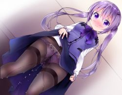 Rule 34 | 1girl, black pantyhose, blue skirt, blush, bow, bow panties, bowtie, breasts, closed mouth, clothes lift, dutch angle, embarrassed, female focus, from below, gochuumon wa usagi desu ka?, jpeg artifacts, lifted by self, long hair, long sleeves, looking at viewer, looking down, matching hair/eyes, nose blush, panties, panties under pantyhose, pantyhose, peeing, peeing self, plaid, plaid panties, purple bow, purple bowtie, purple eyes, purple hair, purple panties, purple ribbon, purple vest, ratryu, ribbon, school uniform, shirt, skirt, skirt lift, small breasts, solo, standing, tears, tedeza rize, thighband pantyhose, twintails, underwear, upskirt, vest, wet, wet clothes, wet panties, wet pantyhose, white shirt