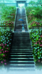 Rule 34 | cat, dress, flower, from behind, gate, hat, hydrangea, original, oropi, rain, solo, stairs, umbrella