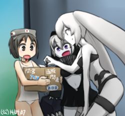 Rule 34 | 10s, 3girls, abyssal ship, box, cardboard box, carrying, colored skin, diving mask, diving mask on head, goggles, goggles on head, grey eyes, grey hair, hamu koutarou, kantai collection, long hair, maru-yu (kancolle), multiple girls, purple eyes, re-class battleship, school swimsuit, short hair, sketch, southern ocean oni, swimsuit, tail, translation request, twintails, white hair, white skin