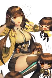 Rule 34 | &gt; &lt;, 6+girls, black gloves, black hair, breasts, card, coat, girls&#039; frontline, gloves, highres, looking at another, medium breasts, multiple girls, orange eyes, ro635 (girls&#039; frontline), shirt, simple background, sitting, two-tone eyes, xanax025, yellow coat, yellow eyes, yellow shirt