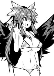 Rule 34 | 1girl, :d, bikini, bow, breasts, bright pupils, cleavage, commentary, greyscale, groin, hair bow, high contrast, large breasts, long hair, looking at viewer, monochrome, navel, onkn sxkn, open mouth, reiuji utsuho, sidelocks, simple background, smile, solo, swimsuit, third eye, touhou, wings