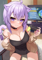 Rule 34 | 1girl, absurdres, ahoge, animal ear fluff, animal ears, bare shoulders, black dress, blush, breasts, brown cardigan, cardigan, carpet, cat ears, cat girl, cat tail, cellphone, cleavage, closed mouth, collar, collarbone, dress, highres, hololive, indoors, large breasts, long sleeves, looking at viewer, mario (series), mario kart, mario kart 8, nekomata okayu, nintendo, nintendo switch pro controller, off shoulder, open cardigan, open clothes, parijennu222, phone, purple eyes, purple hair, short hair, sitting, smartphone, smile, solo, strap slip, tail, television, virtual youtuber