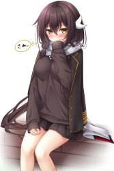 Rule 34 | adjusting scarf, azur lane, black hair, black jacket, black skirt, black sweater, blush, breasts, embarrassed, enpera, feet out of frame, hair between eyes, hand on lap, highres, jacket, jacket on shoulders, long hair, long sleeves, looking at viewer, low-tied long hair, medium breasts, mikasa (azur lane), miniskirt, nail polish, open clothes, open jacket, pleated skirt, scarf, simple background, sitting, skirt, sleeves past wrists, solo, sweater, thought bubble, translated, white background, white scarf, yellow eyes, yellow nails, yoye (pastel white)