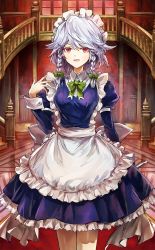 Rule 34 | 1girl, :d, apron, artist request, blue dress, bow, bowtie, braid, breasts, cowboy shot, dress, frilled apron, frills, green bow, green bowtie, hair between eyes, hair bow, hand up, indoors, izayoi sakuya, juliet sleeves, long sleeves, looking at viewer, maid, maid apron, maid headdress, medium breasts, open mouth, petticoat, puffy sleeves, railing, red eyes, short hair, silver hair, smile, solo, stairs, standing, touhou, touhou cannonball, twin braids, waist apron, white apron