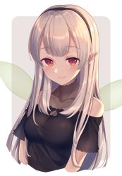 Rule 34 | 1girl, alternate costume, bare shoulders, black shirt, blush, breasts, cleavage, cleavage cutout, closed mouth, clothing cutout, commentary, elf, elu (2nd costume) (nijisanji), elu (nijisanji), fairy wings, hairband, kawami nami, long hair, medium breasts, nijisanji, pointy ears, red eyes, see-through, shirt, silver hair, simple background, smile, solo, upper body, very long hair, virtual youtuber, wings