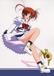 Rule 34 | 00s, 1girl, blue eyes, bow, highres, lyrical nanoha, magazine (weapon), magical girl, mahou shoujo lyrical nanoha, mahou shoujo lyrical nanoha a&#039;s, panties, pantyshot, purple eyes, raising heart, raising heart (accel mode), red bow, red hair, ribbon, shoes, solo, takamachi nanoha, takamachi nanoha (sacred mode), twintails, underwear, winged footwear, wings