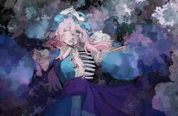Rule 34 | 1girl, abstract background, blue hat, blue kimono, body horror, closed eyes, eyelashes, flower, hat, highres, japanese clothes, kimono, lying, mob cap, multicolored background, on back, outstretched arms, painterly, pink flower, pink hair, ribs, saigyouji yuyuko, short hair, skull, solo, spread arms, teeth, touhou, triangular headpiece, upper body, xian qishui