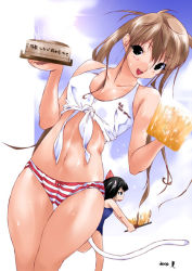 Rule 34 | alcohol, beer, blush, bow, bow panties, brown eyes, brown hair, dutch angle, front-tie top, long hair, midriff, navel, panties, red panties, standing, striped clothes, striped panties, tank top, thigh gap, thighs, twintails, underwear