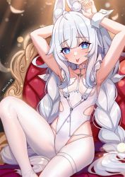 Rule 34 | 1girl, :p, animal ear fluff, animal ears, armpits, arms up, azur lane, blue eyes, braid, breasts, couch, covered navel, crotchless, crotchless pantyhose, fake animal ears, highleg, highleg leotard, highres, knee up, le malin (azur lane), le malin (listless lapin) (azur lane), legs, leotard, long hair, official alternate costume, pantyhose, playboy bunny, rabbit ears, silver hair, sitting, small breasts, solo, thigh strap, thighs, tongue, tongue out, twin braids, twintails, very long hair, wangqi, white leotard, white pantyhose, wrist cuffs