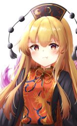 Rule 34 | 1girl, aged down, black dress, blonde hair, blush, chinese clothes, closed mouth, commentary, crescent, crescent print, dress, highres, junko (touhou), kuneamorai, long hair, long sleeves, looking at viewer, phoenix crown, phoenix print, pout, print headwear, red tabard, solo, tabard, touhou, very long hair
