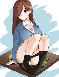 Rule 34 | 1girl, alternate hairstyle, black pantyhose, blue background, blue eyes, blue sweater, blush, breasts, brown hair, clothes pull, dress shirt, earrings, feet, full body, go-toubun no hanayome, green skirt, hair over one eye, head tilt, highres, hoop earrings, jewelry, knees up, large breasts, long sleeves, looking at viewer, mame1645, miniskirt, nakano miku, no shoes, one eye covered, panties, panty peek, pantyhose, pantyhose pull, parted lips, school uniform, shirt, simple background, sitting, sketch, skirt, solo, straight hair, sweater, thighs, underwear, white background, white panties, white shirt