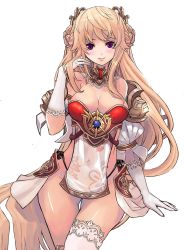 Rule 34 | 1girl, absurdly long hair, armor, bare shoulders, blonde hair, blush, breasts, cleavage, detached collar, detached sleeves, double bun, gloves, hair bun, hair ornament, highleg, highleg panties, highres, long hair, looking at viewer, md5 mismatch, panties, purple eyes, qbspdl, resized, resolution mismatch, ruffling hair, side-tie panties, simple background, smile, solo, source larger, string panties, thighhighs, underwear, very long hair, white background, white gloves