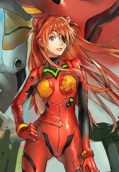 Rule 34 | 10s, 1girl, bad id, bad pixiv id, bodysuit, bracer, breasts, breasts apart, colored eyelashes, cowboy shot, eva 02, evangelion: 3.0 you can (not) redo, eyepatch, floating hair, gloves, hair between eyes, hair over shoulder, hand on own hip, hand on own thigh, headgear, hip focus, impossible bodysuit, impossible clothes, j am, legs apart, light smile, lips, long hair, looking at viewer, mecha, medium breasts, neon genesis evangelion, orange hair, parted bangs, pilot suit, plugsuit, purple eyes, rebuild of evangelion, red hair, robot, smile, solo, souryuu asuka langley, standing, tape, turtleneck, two side up, very long hair