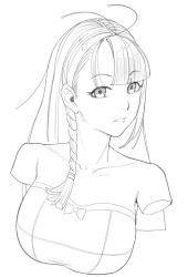 Rule 34 | 1girl, antenna hair, bare shoulders, blunt bangs, bow, braid, breasts, copyright request, cropped arms, dan evan, dress, greyscale, large breasts, long hair, looking at viewer, monochrome, parted lips, simple background, solo, strapless, strapless dress, white background