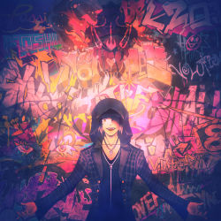 Rule 34 | 1boy, baseball cap, black coat, black hoodie, coat, facial mark, facial mark, fangs, graffiti, grey hair, hat, hat over one eye, hoodie, jewelry, long coat, male focus, minamimoto shou, necklace, open mouth, outstretched arms, shin subarashiki kono sekai, smile, solo, solo focus, spiked hair, spread arms, subarashiki kono sekai, upper body, wall, whisker markings, yellow eyes