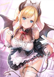 Rule 34 | 1girl, apron, blonde hair, blue eyes, blush, bow, bowtie, breasts, cleavage, collarbone, demon girl, demon horns, demon tail, demon wings, detached sleeves, dress, frilled apron, frills, garter straps, himonoata, hololive, horns, indoors, large breasts, lips, long hair, long sleeves, looking at viewer, maid, maid headdress, pointy ears, red bow, ribbon-trimmed legwear, ribbon trim, see-through, see-through cleavage, smile, solo, tail, thighhighs, twintails, virtual youtuber, waist apron, white apron, white garter straps, white thighhighs, wings, yuzuki choco, yuzuki choco (maid)