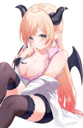 Rule 34 | 1girl, black skirt, black thighhighs, blonde hair, breast tattoo, coat, collared shirt, demon girl, demon horns, demon tail, demon wings, frilled shirt, frills, green eyes, heart, heart tattoo, highres, hololive, horns, kanae (inorin05kanae), lab coat, lace, lace-trimmed thighhighs, long hair, looking at viewer, pointy ears, shirt, skirt, sleeveless, sleeveless shirt, smile, solo, tail, tattoo, thighhighs, virtual youtuber, white background, white coat, winged heart tattoo, wings, yuzuki choco, yuzuki choco (1st costume)
