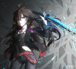 Rule 34 | &gt;:(, 1girl, ahoge, blade, broken, broken weapon, brown hair, closed mouth, collarbone, earrings, facial tattoo, frown, grey eyes, hair between eyes, heart, heart tattoo, holding, holding weapon, hoop earrings, jacket, jewelry, long hair, long sleeves, looking at viewer, necklace, open clothes, open jacket, original, qian ye (qys3), qys3, standing, sword, tattoo, torn clothes, v-shaped eyebrows, weapon