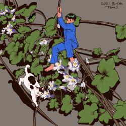 Rule 34 | 1girl, absurdres, arms up, barefoot, black hair, blue pants, blue shirt, brown background, cat, dated, flower, highres, leaf, long sleeves, mini person, minigirl, original, pants, procreate (medium), shadow, shirt, short hair, signature, solo, tomidoron, white flower, wide shot