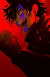 Rule 34 | 1boy, black eyes, black hair, black shirt, blood, blood from mouth, blood on face, blue blood, buttons, colored blood, crazy eyes, crazy smile, dos (dos 1013), fushiguro megumi, gradient background, high collar, highres, incoming attack, jujutsu kaisen, long sleeves, looking to the side, male focus, messy hair, nosebleed, open mouth, own hands together, red background, shirt, simple background, smile, solo, teeth, uniform, upper body, wide-eyed