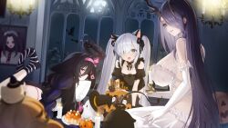Rule 34 | 3girls, absurdres, adventure galley (azur lane), adventure galley (carnival under the blood moon) (azur lane), all fours, animal ears, azur lane, black dress, black socks, black thighhighs, blue eyes, braid, breasts, cat ears, chungu, clothing cutout, dress, elbow gloves, fake animal ears, feet up, gloves, golden hind (azur lane), golden hind (forlorn femme fatale) (azur lane), hair between eyes, hair over one eye, hairband, half-closed eyes, halloween, hat, highres, horns, huge breasts, hugging object, indoors, jack-o&#039;-lantern, janus (azur lane), janus (fright-night scaredy-cat) (azur lane), long dress, long hair, lying, manjuu (azur lane), mouth hold, multiple girls, navel, no shoes, official alternate costume, official art, on stomach, open mouth, panties, pillow, pillow hug, pink hairband, pink panties, portrait (object), puffy short sleeves, puffy sleeves, purple eyes, purple hair, second-party source, see-through, see-through dress, short dress, short sleeves, shoulder cutout, sitting, small breasts, socks, striped clothes, striped socks, thighhighs, twintails, umbrella octopus, underwear, very long hair, white dress, white gloves, white hair, white socks, whydah (azur lane), whydah (lazy pirate angel) (azur lane), witch hat