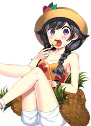 Rule 34 | 1girl, absurdres, bad id, bad pixiv id, black hair, bracelet, braid, breasts, brown hat, cleavage, collarbone, creatures (company), eating, floral print, food, fork, fruit, game freak, hat, highres, jewelry, looking at viewer, nintendo, open mouth, pineapple, pokemon, pokemon usum, purple eyes, selene (pokemon), selene (pokemon usum), shirt, short shorts, shorts, simple background, sleeveless, sleeveless shirt, small breasts, solo, sun hat, twin braids, twintails, white background, white shorts, yuihico