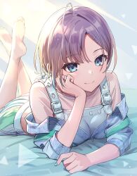Rule 34 | 1girl, ahoge, asakura toru, back peek, barefoot, blue hair, blue jacket, blush, breasts, brown hair, brown shirt, closed mouth, earrings, full body, gradient hair, green nails, green skirt, hair ornament, hairclip, hand up, head rest, highres, idolmaster, idolmaster shiny colors, jacket, jewelry, kani kani kun, legs up, long sleeves, looking at viewer, lying, medium breasts, multicolored hair, off shoulder, on bed, on stomach, parted bangs, partially unzipped, polka dot, polka dot shirt, shirt, short hair, skirt, smile, solo, sunlight, suspenders, zipper, zipper pull tab