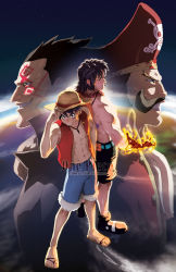 Rule 34 | 2boys, 4boys, belt, black hair, black shorts, brother, brothers, brown eyes, chamba, facial hair, family, father and son, fire, gol d. roger, hand on headwear, hat, highres, jewelry, jolly roger, male focus, monkey d. dragon, monkey d. luffy, multiple boys, mustache, necklace, one piece, open clothes, open vest, pirate, pirate hat, portgas d. ace, red vest, sandals, scar, shorts, siblings, smile, straw hat, tattoo, topless male, vest