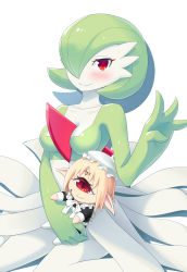 Rule 34 | absurdres, blonde hair, blush, character doll, closed mouth, copyright request, creatures (company), cyclops, fewer digits, game freak, gardevoir, gen 3 pokemon, green hair, hair over one eye, hand up, highres, looking at viewer, mao lian (nekokao), nintendo, one-eyed, one eye covered, pointy ears, pokemon, pokemon (creature), red eyes, simple background, smile, white background