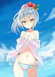 Rule 34 | 1girl, bare shoulders, bikini, blue sky, blush, closed mouth, cloud, cloudy sky, day, flower, green hair, hair between eyes, hair flower, hair ornament, highres, hizaka, kantai collection, long hair, looking at viewer, navel, ocean, one-hour drawing challenge, open clothes, open shirt, outdoors, pink shirt, ponytail, shirt, side-tie bikini bottom, sky, solo, striped bikini, striped clothes, swimsuit, twitter username, yellow eyes, yuubari (kancolle)