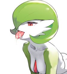 Rule 34 | 1girl, bob cut, breasts, collarbone, colored skin, creatures (company), cum, cum in mouth, cum on tongue, female focus, game freak, gardevoir, gen 3 pokemon, green hair, green skin, gu deulmok, hair over one eye, half-closed eyes, happy, highres, leaning forward, looking down, multicolored skin, nintendo, one eye covered, open mouth, pokemon, pokemon (creature), red eyes, short hair, simple background, small breasts, smile, solo, tongue, tongue out, two-tone skin, upper body, white background, white skin