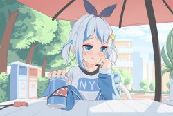 Rule 34 | 1girl, black ribbon, blue eyes, blue hair, blue jacket, blue nails, blue sky, blush, building, can, chair, cloud, collarbone, commentary, day, drink can, english commentary, gawr gura, grey hair, hair ornament, hair ribbon, highres, holding, holding can, hololive, hololive english, jacket, long sleeves, looking to the side, multicolored hair, open clothes, open jacket, outdoors, plant, potted plant, ribbon, shirt, sidelocks, sitting, sky, soda can, solo, star (symbol), star hair ornament, streaked hair, table, tenroy, track jacket, tree, twintails, umbrella, virtual youtuber, whistle, white shirt