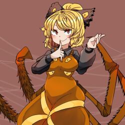 Rule 34 | 1girl, arthropod limbs, black bow, black shirt, blonde hair, blush, bow, breasts, brown background, brown dress, brown eyes, closed mouth, collared shirt, commentary request, cowboy shot, dress, extra eyes, extra legs, finger to own chin, fingernails, frilled shirt collar, frills, hair bow, hair bun, kurodani yamame, long dress, long sleeves, looking at viewer, medium breasts, pinafore dress, ribbon, rinyamame, shirt, short hair, silk, sleeveless dress, smile, solo, spider web, touhou, yellow ribbon