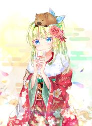 Rule 34 | 1girl, animal, bad id, bad pixiv id, blue eyes, blush, chinese zodiac, closed mouth, commentary request, egasumi, floral print, flower, fur collar, green hair, hair flower, hair ornament, hands up, head tilt, highres, holding, japanese clothes, kanzashi, kimono, long hair, long sleeves, looking at viewer, nengajou, new year, obi, original, petals, pig, pink flower, print kimono, red kimono, sanpaku, sash, seno (senohime), sidelocks, smile, solo, upper body, wide sleeves, year of the dog