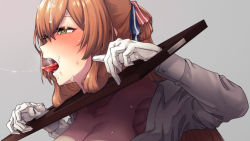 Rule 34 | 1girl, bound, bound wrists, breasts, breasts out, brown hair, collarbone, collared shirt, cum, cum on hair, facial, female focus, girls&#039; frontline, green eyes, hair rings, highres, large breasts, long hair, long sleeves, nakiusagi, off shoulder, open clothes, open mouth, open shirt, out-of-frame censoring, pillory, ponytail, shirt, sidelocks, solo, springfield (girls&#039; frontline), tongue, tongue out, upper body, white shirt