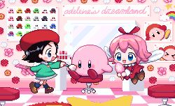 Rule 34 | 1other, 2girls, adeleine, alternate color, animated, animated gif, black hair, blue eyes, brown footwear, christy frisby, dress, english text, fairy, fairy wings, floating, flower, green dress, hair ribbon, hat, heart, kirby, kirby (series), long sleeves, looping animation, mirror, multiple girls, nintendo, pink hair, pixel art, rainbow, red dress, red headwear, red ribbon, ribbon, ribbon (kirby), shoes, sitting, socks, standing, stool, waddle dee, wings
