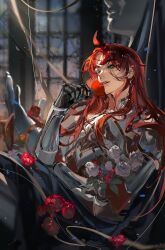 Rule 34 | 1boy, absurdres, ahoge, androgynous, argenti (honkai: star rail), armor, flower, highres, holding, holding flower, honkai: star rail, honkai (series), indoors, knight, long hair, male focus, night, red flower, red hair, red rose, rose, solo, white armor, window, zhangmiao1111