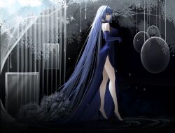 Rule 34 | 1girl, absurdly long hair, absurdres, alternate costume, ass, azur lane, backless dress, backless outfit, blue dress, blue eyes, blue footwear, blue gloves, blue hair, breasts, cocktail dress, dress, elbow gloves, evening gown, from side, full body, gloves, high heels, highres, large breasts, long hair, new jersey (azur lane), scarfpen01, sleeveless, sleeveless dress, solo, very long hair, walking