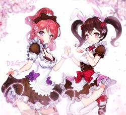 Rule 34 | 10s, 2girls, absurdres, animal ears, apron, bad id, bad pixiv id, black hair, blush, bow, bra, breasts, cleavage, clothes lift, frills, garter straps, hair bow, holding hands, heart, highres, looking at viewer, love live!, love live! school idol project, maid, maid headdress, mary janes, mogyutto &quot;love&quot; de sekkin chuu!, multiple girls, nishikino maki, petals, purple eyes, rabbit ears, red eyes, red hair, shoes, skirt, skirt lift, smile, thighhighs, ttaji (pass35), twintails, underwear, wrist cuffs, yazawa nico