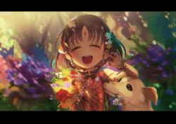 Rule 34 | 1girl, asha (fate), bindi, black bow, black hair, bow, braid, dog, earrings, closed eyes, facing viewer, fate/grand order, fate (series), flower, galibo, hair flower, hair ornament, happy, jewelry, letterboxed, long hair, mouth hold, open mouth, smile, solo, twin braids, upper body