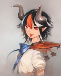 Rule 34 | 1girl, black hair, bow, chromatic aberration, demon horns, earrings, fang, gradient background, grey horns, highres, horns, jewelry, kijin seija, kinketsu, looking at viewer, multicolored hair, painting (medium), pointy ears, puffy short sleeves, puffy sleeves, red eyes, short hair, short sleeves, solo, streaked hair, tongue, tongue out, touhou, traditional media, upper body, watercolor (medium)
