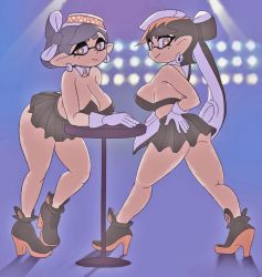Rule 34 | + +, 2girls, :/, armpit crease, ass, bandeau, bare shoulders, black footwear, black hair, black skirt, boots, breasts, callie (splatoon), cleavage, closed mouth, collarbone, commentary, detached collar, earrings, english commentary, from side, full body, gloves, grey hair, hair ornament, hand on own ass, hat, high heel boots, high heels, inkling, jewelry, kneepits, large breasts, leaning on table, long hair, looking at viewer, marie (splatoon), microskirt, mini hat, mole, mole under eye, multicolored footwear, multiple girls, nintendo, orange footwear, pleated skirt, pointy ears, short eyebrows, short hair, sideboob, skirt, splatoon (series), splatoon 1, standing, swept bangs, symbol-shaped pupils, table, tentacle hair, thick eyebrows, turning head, very long hair, white gloves, yellow eyes, yuta agc